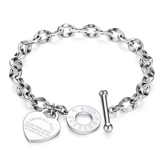 Silver Women's Stainless Steel Classic Heart Engraved Toggle Clasp Bracelet - Picture 1 of 3
